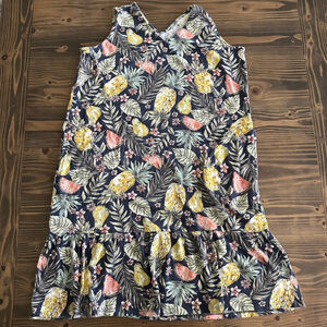 Women’s J.Jill Navy Pineapple Print Flounced Hem Knit Dress S Tropical Double V
